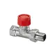 Thermostatventil mit rotem Deckel und metallischen Anschlussgewinden. Oventrop-Produkt für Heizungsanwendungen, geeignet für Durchgangsinstallation.